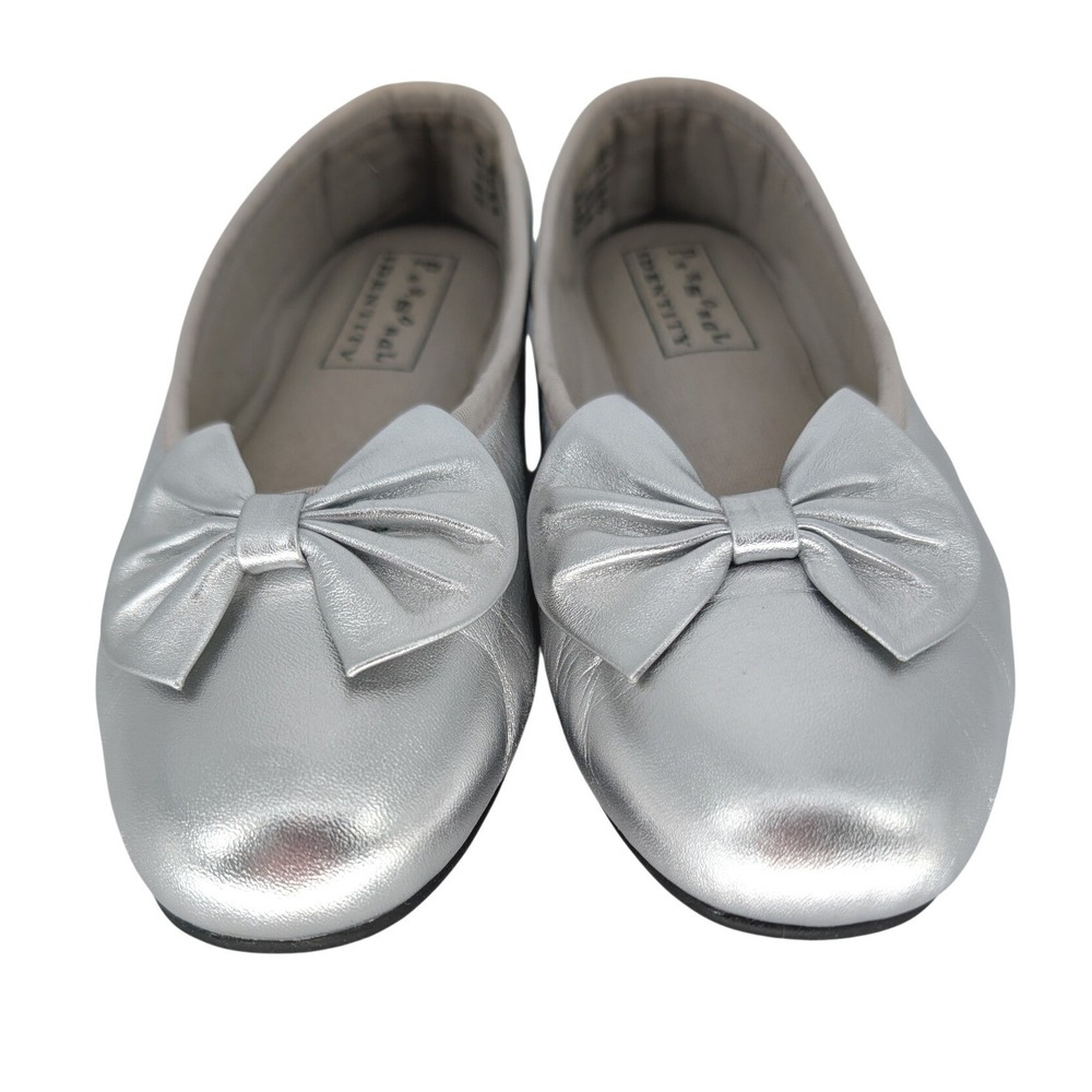 Silver Metallic Bow Ballet Flats Leather Wmn 8M VTG 90s Minimalist Glam Coquette
